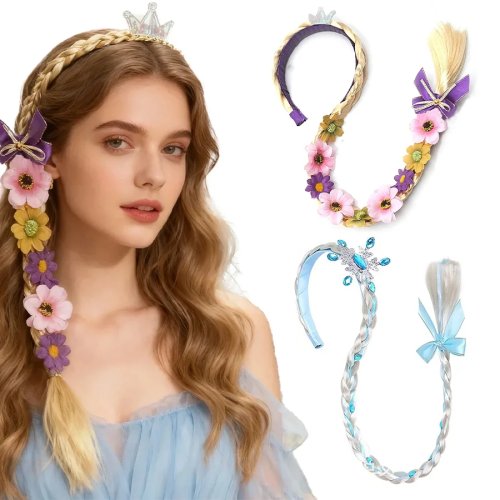 Perruque de princesse à longue tresse avec bandeau pour costume de fille