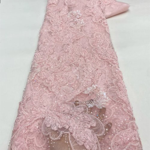 Tessuto di pizzo africano di lusso con perline - 5 iarde, paillettes fatte a mano per abiti da sera, stile nigeriano 2026 HXZ6470