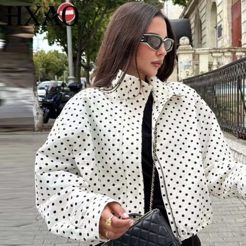 HXAO Women's Polka Dot Bomber Jacket Oversized Zip Up Plus Size Crop Coat