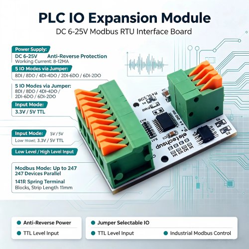 وحدة الإدخال/الإخراج البعيدة RS485، طرف زنبركي، 8 قنوات إدخال/إخراج رقمية NPN/PNP، لوحة Modbus RTU لتوسعة PLC، تيار مستمر 12V/24V