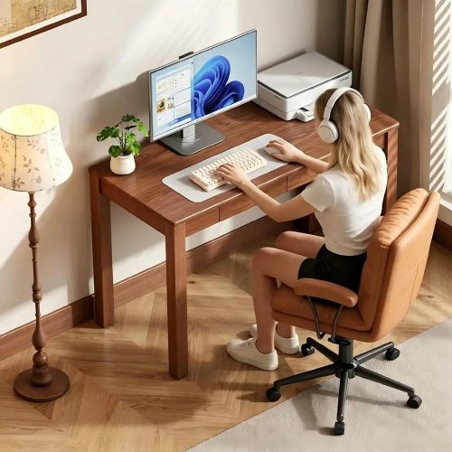 Scrivania in legno massello stile vintage con cassetti, scrivania per studio e ufficio domestico, finitura noce, facile assemblaggio