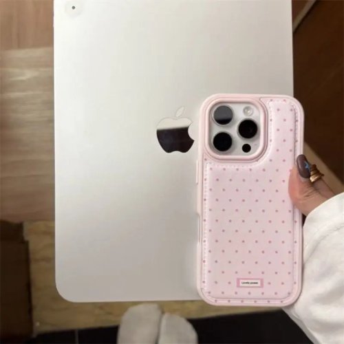 Case HP Kulit Pink Polka Dot Trendy Korea untuk iPhone 17/16/15/14/13/12/11 Pro Max Plus
