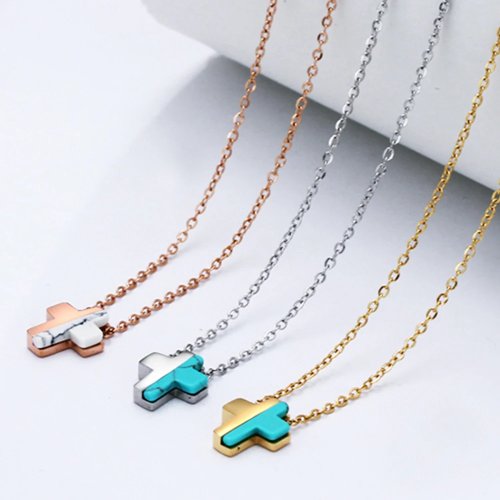 YLMyself Colar Cruz Mulher Aço Inoxidável 316L Pingente Turquesa Joia Cristã Corrente Dourada Presente