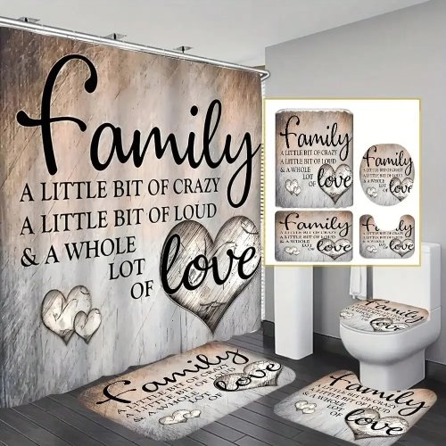 Set Tirai Kamar Mandi Love 4 pcs - Tirai Anti Air, Karpet Anti Slip, Penutup Dudukan Toilet, dan 12 Gantungan - Dekorasi Kamar Mandi