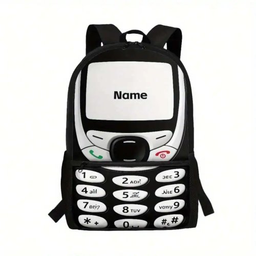 Retro Cell Phone Design Backpack, Personalizable Name, Lightweight, Large Capacity Laptop Bag, Adjustable Straps