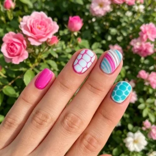 Korte vierkante press-on nagels, felroze en blauwe koeienprint, zomerse streepjeslijn, candy nep nageltips, levendige Y2K schattige dagelijkse feestmanicure voor dames