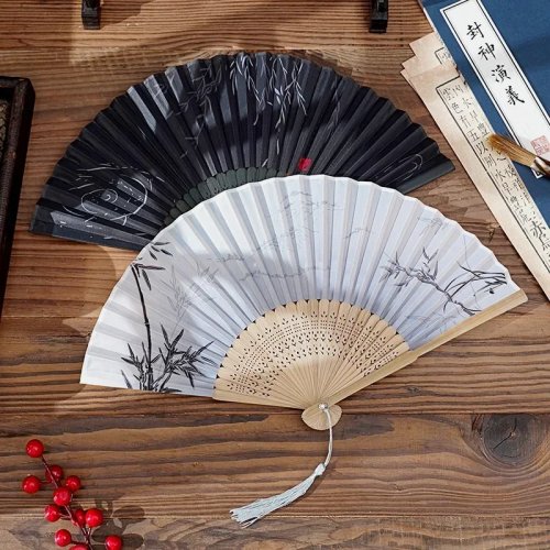 Kipas Lipat Gaya China 33cm, Kipas Tradisional Jepang Vintage, Sutra Bambu dengan Motif Burung Bangau dan Pita