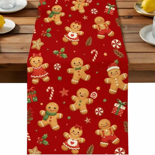 Weihnachtsläufer aus Leinen mit Lebkuchenmann und Süßigkeiten - festliche Deko für Küche und Esszimmer