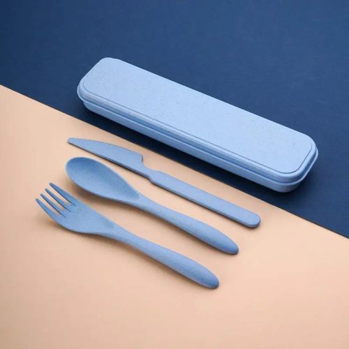 Set di posate in paglia di grano con custodia – coltello, forchetta, cucchiaio per campeggio, picnic, viaggi e pranzo