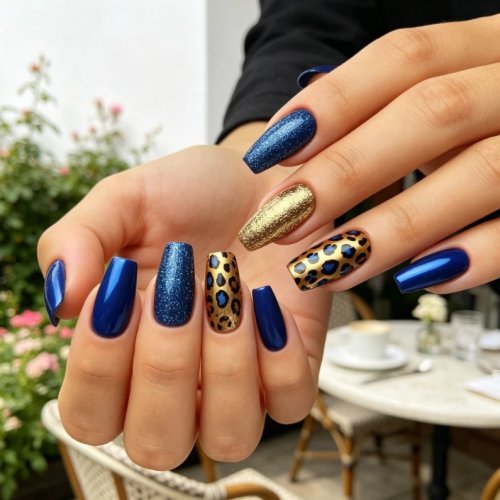 เล็บกด Press On รูปทรง Coffin สีน้ำเงินเข้ม มีกลิตเตอร์และลายเสือดาวสีทอง - ยาวเงา สำหรับงานปาร์ตี้