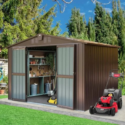 Cobertizo de almacenamiento exterior de metal de 10x8 pies con cerradura y rejillas de ventilación para patio, jardín y traspatio (Café)