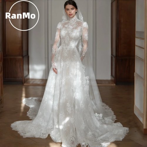 Vestido de novia de lujo con encaje, cuello alto 2026, mangas largas, línea A, cola de capilla, personalizable