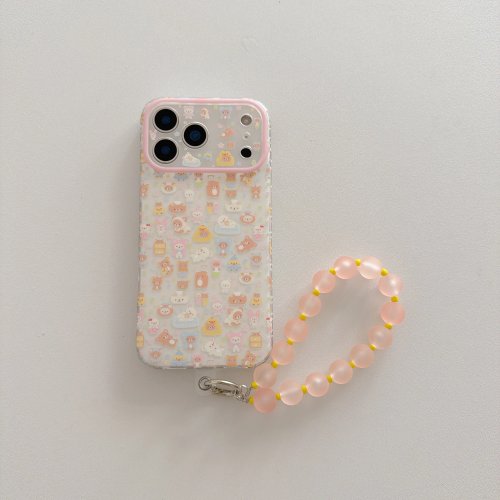 Schattige telefoonhoes met cartoon dier print en roze kralen ketting voor iPhone 17 16 15 14 13 12 11 Pro Max Plus