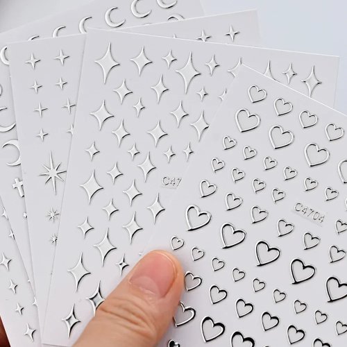 메탈릭 실버 3D 스타 체인 하트 네일 스티커 (6장) - 셀프 접착 네일 아트 데칼, 전문 살롱 및 DIY 젤네일용