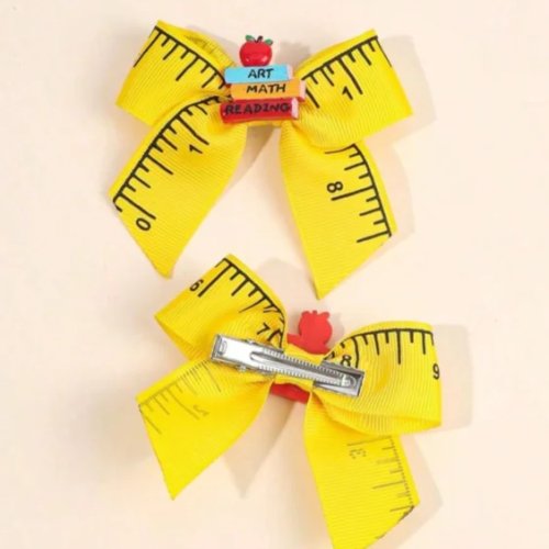 Pinzas para cabello amarillas con estampado de regla, manzana, libro, matemáticas, para niños, regreso a clases