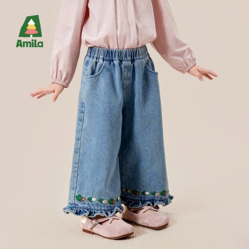 Jean Enfant Amila 2026 Automne Nouveau Coton Pur Vintage Jambe Large Décontracté Confortable Doux Pantalon Long