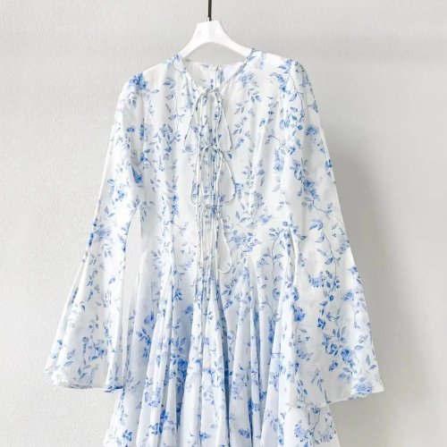 Women's Blue Floral Lace-up Mini Dress with Round Neck and Flared Sleeves