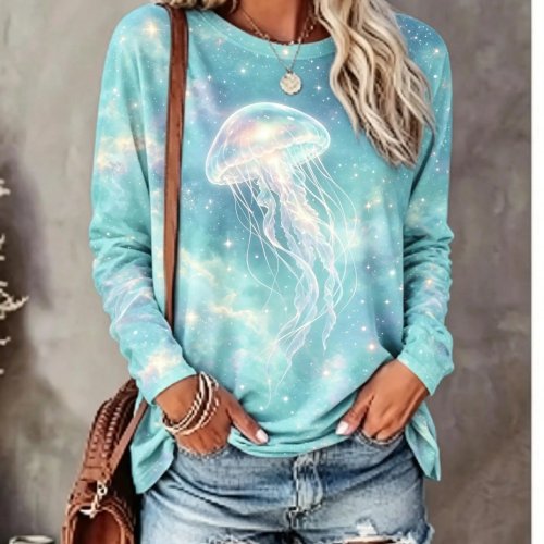 Women's Long Sleeve T-Shirt Dreamy Jellyfish Galaxy Tie-Dye Ocean Art Print Crew Neck Casual Top