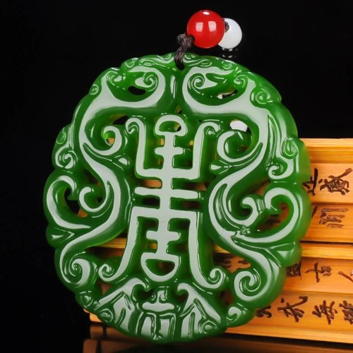 Natuurlijke Groene Jade Dragon Hanger Ketting met Kralen, Dubbelzijdig Uitgehold Gesneden Jadeiet Amulet, Cadeau voor Haar en Hem