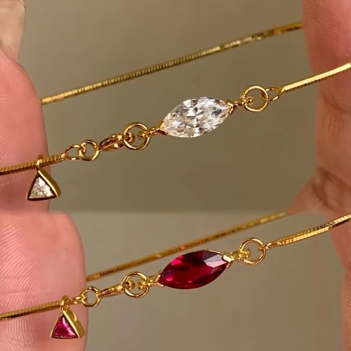 Pulseira Minimalista de Prata Esterlina 925 com Diamante e Rubi, Design Osso de Serpente, Pulseira de Zircónia Gota de Água de Alta Gama