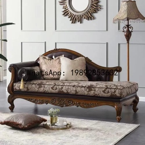 Sofa van massief hout, 3-zits, gesneden leren designsofa en stoffen loungestoel voor woonkamer