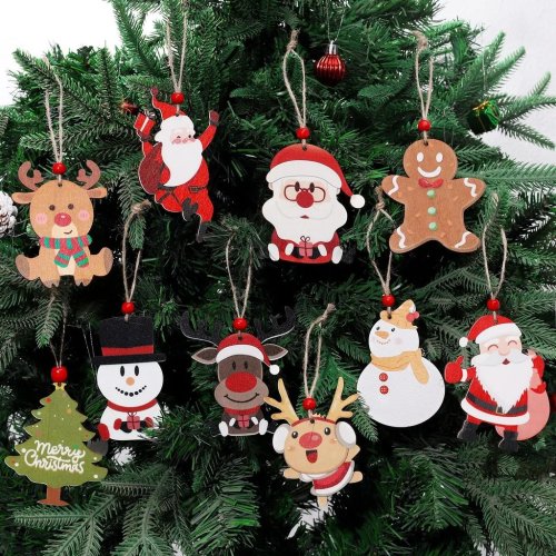 Wooden Christmas Hanging Ornaments, Cute Assorted Christmas Tree Pendant Decorative Tags for Indoor Outdoor Holiday Decor