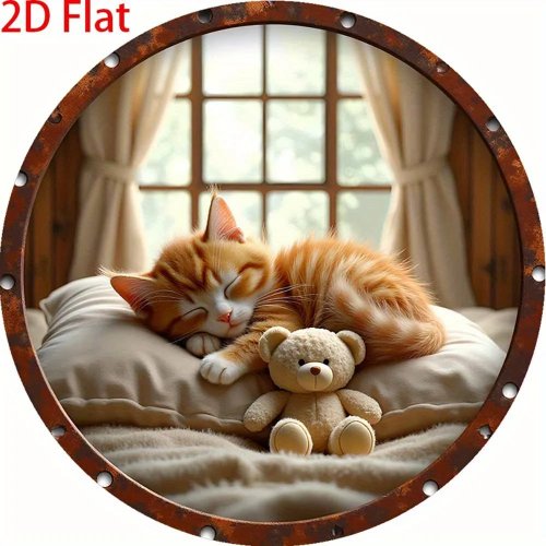 Retro Runde Metall Wanddeko - Schlafende Katze & Teddybär Design, 20,32x20 cm