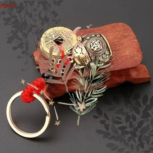 Vintage Lucky Cat Car Keychain with Five Emperors Feng Shui Coins, Calabash Gourd, Red String