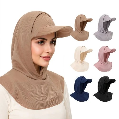 Wide Brim Hooded Headscarf Baseball Cap, Breathable Neck-Protecting Sun Hat, Solid Color Summer Turban Hat