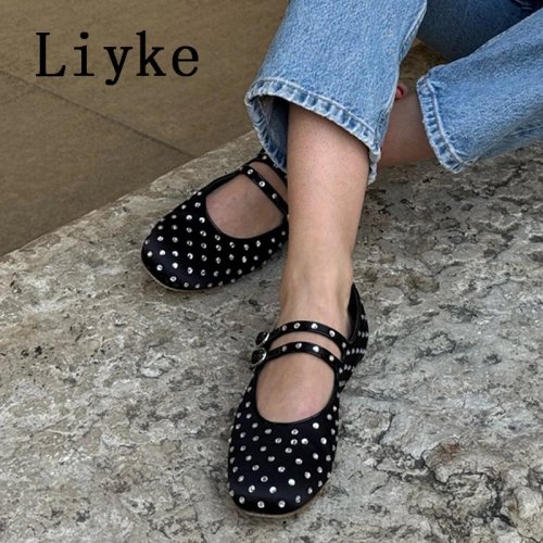Hlieny Women's Crystal Rhinestone Silk Ballet Flats, Buckle Strap Mary Jane Shoes, Summer Loafers, Size 41