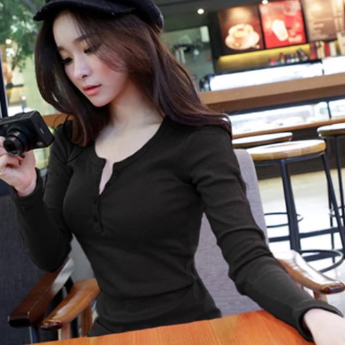 T-shirt de manga comprida para mulher canelado com botões cor lisa slim fit estilo coreano
