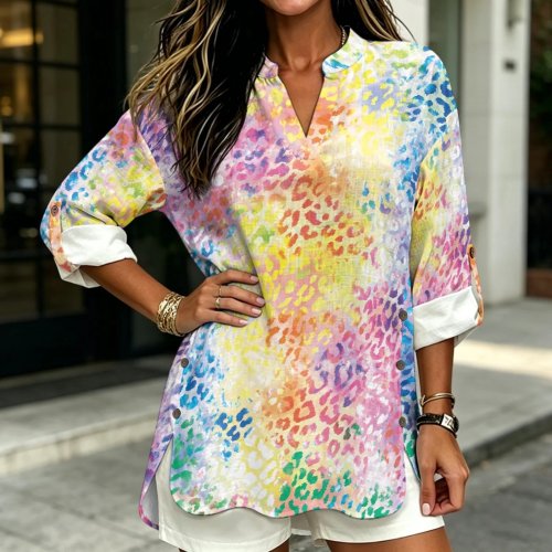 PENSTROLL Women's Long Sleeve Linen-Like Shirt Curved Hem Rolled Cuffs Leopard Print Beach Vacation Top