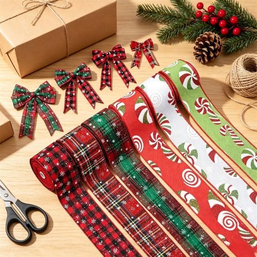 3/6 Rolki Wstążka Jutowa Świąteczna z Drutem 5cm, Buffalo Plaid Miętowe Paski, 4,5m do Drzewka i Rękodzieła