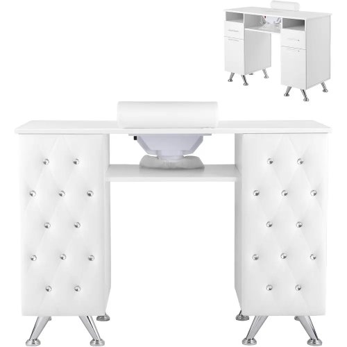 Professional Nail Technician Desk with Upholstered Leather Cabinet and Crystal-Toned Storage for Beauty Studios