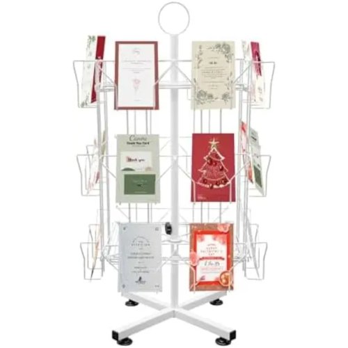 24 Pocket Greeting Card Rack, 3 Tier White Metal Display Stand, Rotating Holder for Stickers, CDs, DVDs