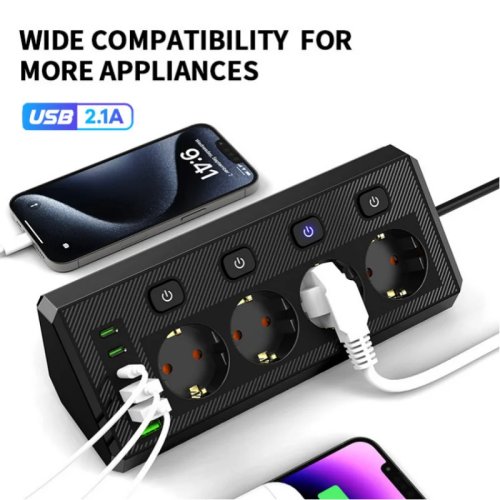 EU Desktop Corner Power Strip with Multiple Outlets, Independent Switches, Extension Cord for Home Office