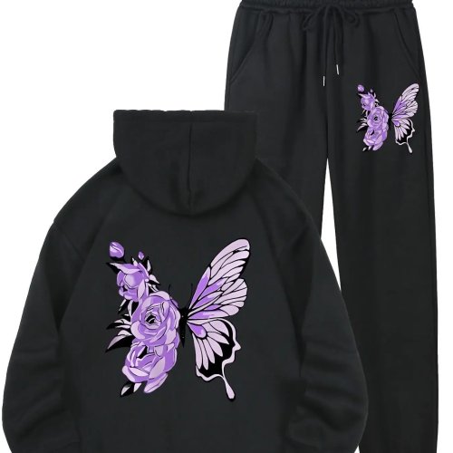 Conjunto de Hoodie para Mulher Estampa de Borboleta Roxa Forro Polar 2 Peças, Outono Inverno Manga Comprida Hoodie & Calças de Fato de Treino