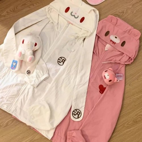 カートゥーンピンクパーカー Blood Bear, Violent Bear & Gloomy Rabbit プリント - 春夏秋用薄手UVカットコート クライミング＆キャンプ