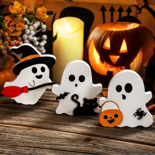 Cute Ghost Halloween Decor Set - Wooden Tiered Tray, Table Sign & Blocks for Indoor Party Home Display