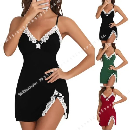 2026 New Women's Lace Silk Satin V-Neck Nightgown with Split Hem, Soft Sleeveless Sleepwear Lingerie