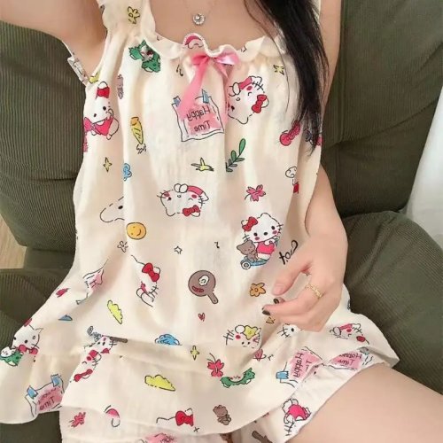 Hello Kitty Pajamas Sanrio Kawaii Sweet Women's Sleeveless Top & Shorts Set Student Sleepwear Comfortable Homewear