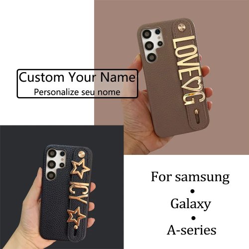 Personalized Leather Phone Case with Metal Letter Name & Hand Strap for Samsung Galaxy S25 A22 A24 A32 A33 A34 A53 A54 A52 A72 A35 A55
