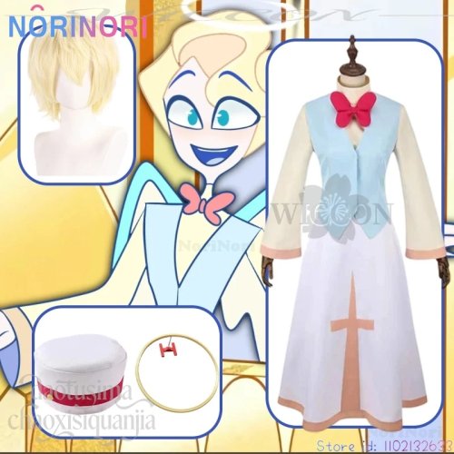 Disfraz Cosplay de San Pedro NoriNoriCosplay | Conjunto Kawaii inspirado en Anime Hazbin Hotel con chaleco azul, sombrero, vestido, pajarita, túnica y halo de ángel para fiesta de Navidad