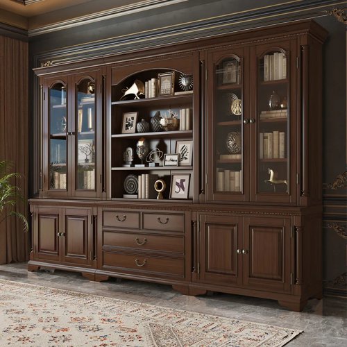 Estantería de madera maciza con puertas de cristal, mueble expositor retro grande para salón y estudio