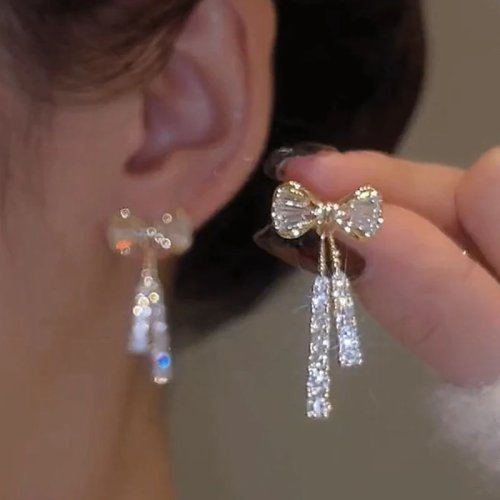 Gold Color Shiny Bow Stud Earrings for Women - Exquisite Dainty Rhinestone Bow Dangle Earrings, Jewelry Gift for Friends