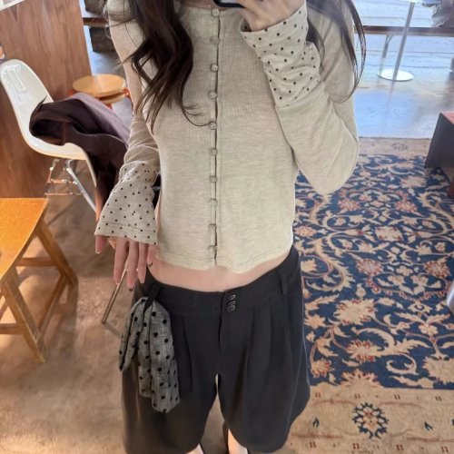 Kardigan Wanita Polka Dot Patchwork Lengan Lonceng Cropped Slim Fit Chic Coquette Top Musim Semi 2026