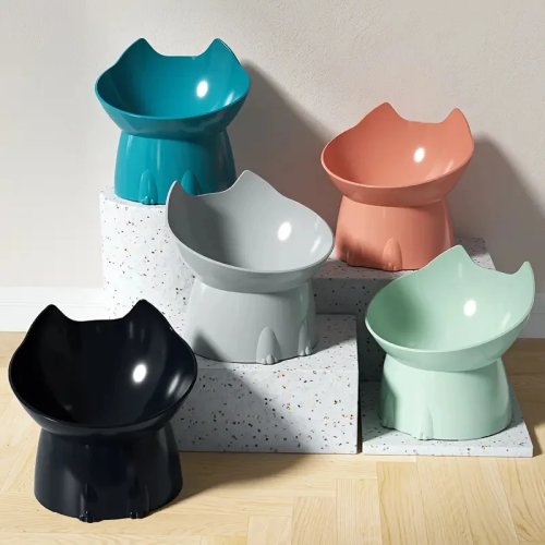 WhiskerWare Elevated Cat Bowl - Anti-Tip Raised Plastic Feeding Dish with Tilted Edge for Neck Protection