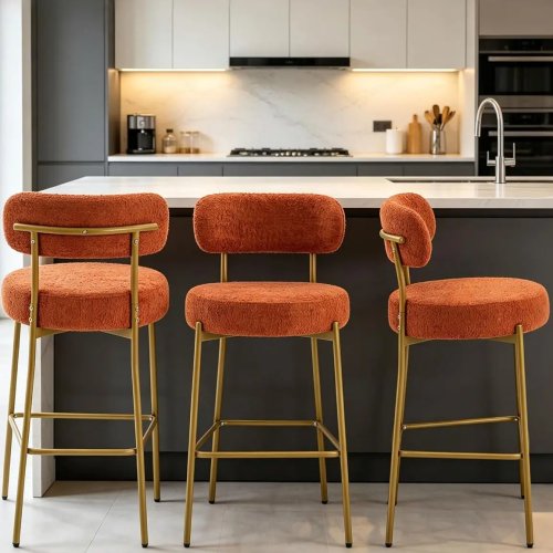 Orange Boucle Bar Stools Set of 3, 24-Inch Counter Height Stools with Curved Back for Kitchen Island, Custom