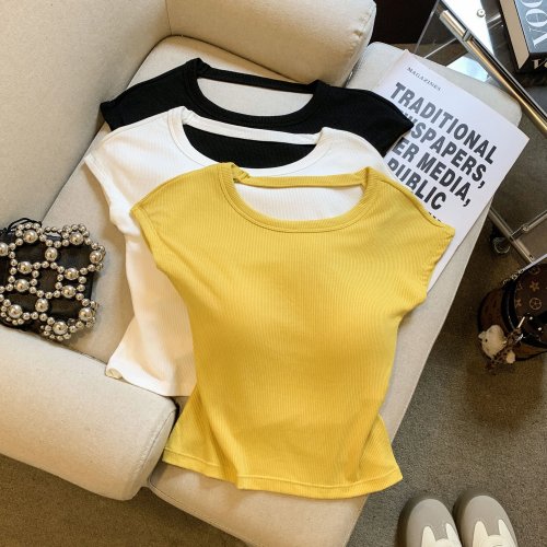 Camiseta Crop Top de Mujer con Sujetador Incorporado, Espalda Descubierta, Cruzado, Manga Cap, Y2K, Ajustada, Calada, Camiseta Corta para el Día a Día