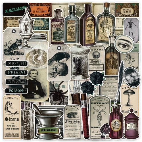 50-Pack Vintage Potion Bottle Labels Stickers, Retro Horror Gothic Stickers for Suitcase, Scrapbooking, Laptop Decoration